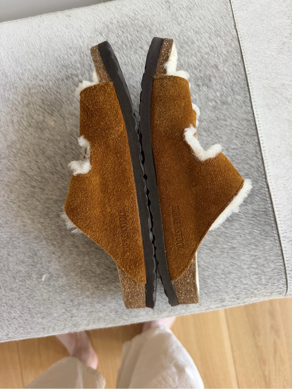 Birkenstock Suede Double Strap Slippers - Chestnut Brown & Cream - Picture 2 of 4